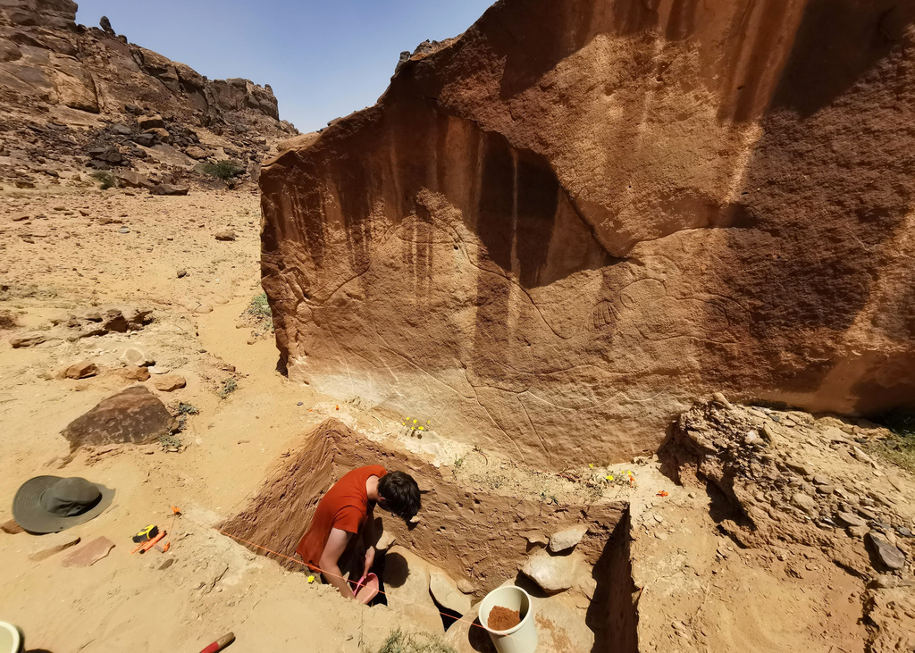 This image provided by Sahout Rock Art and Archaeology Project shows experts excavating the ground underneath an animal rock carving, in a desert in northern Saudi Arabia in 2023. (AP)